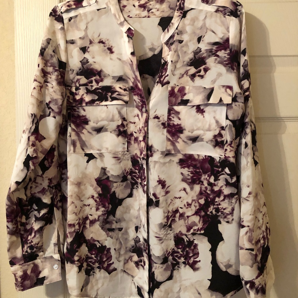 Calvin Klein Watercolor Button-Up Convertible-Sleeve Top